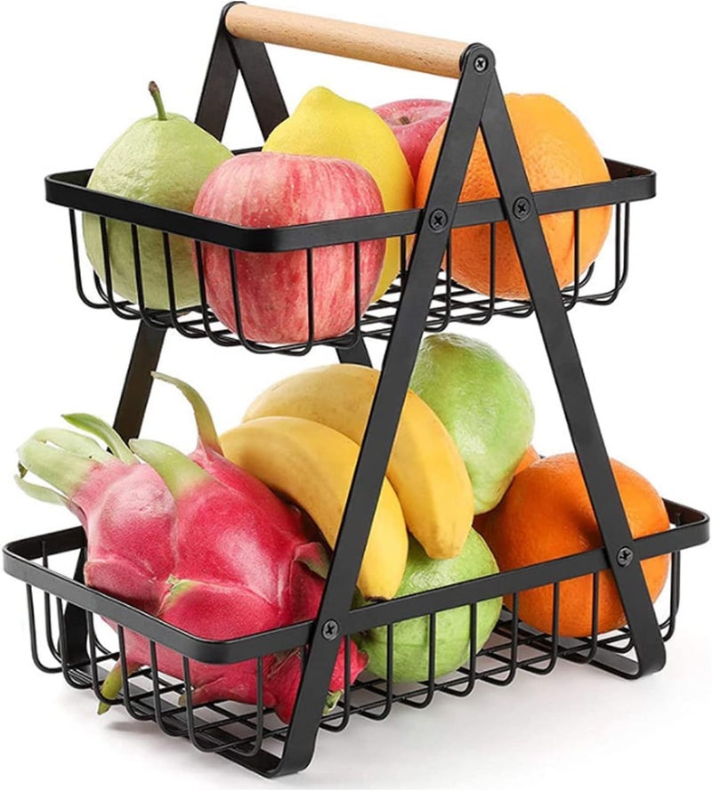 TGOPIT 2 Tier Fruit Basket Black Countertop Metal Fruit Basket Bread Basket Fruit Bowl Detachable Metal Fruit Holder for Fruit Vegetables Snacks Portable Modern Fruit Storage Rack - Image 1
