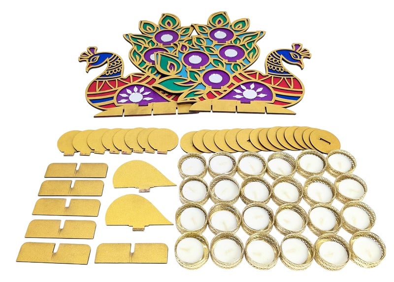 StepsToDo Hand-Painted Wooden Peacock Tealight Candle Holders, Vibrant Colors with Mirror Decoration with Tealight Candles and Golden Holders – Set of 2 Decorative Stands for Home & Festival Décor - Image 1