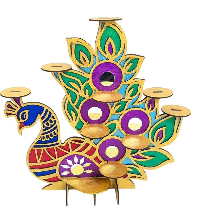 StepsToDo Hand-Painted Wooden Peacock Tealight Candle Holders, Vibrant Colors with Mirror Decoration with Tealight Candles and Golden Holders – Set of 2 Decorative Stands for Home & Festival Décor - Image 3