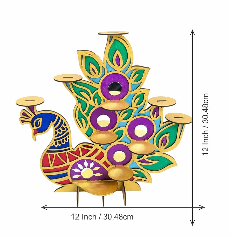 StepsToDo Hand-Painted Wooden Peacock Tealight Candle Holders, Vibrant Colors with Mirror Decoration with Tealight Candles and Golden Holders – Set of 2 Decorative Stands for Home & Festival Décor - Image 4