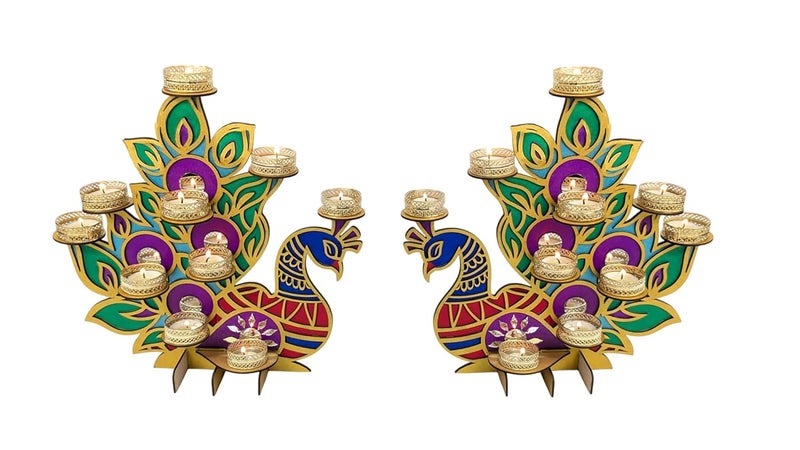 StepsToDo Hand-Painted Wooden Peacock Tealight Candle Holders, Vibrant Colors with Mirror Decoration with Tealight Candles and Golden Holders – Set of 2 Decorative Stands for Home & Festival Décor - Image 2