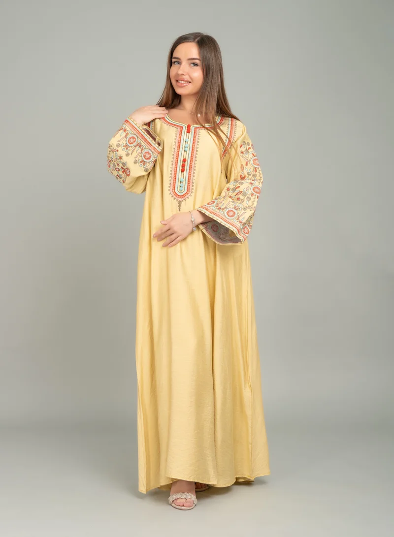 IKKXA Mandarin Collar Hand Embroidered Jalabiya CJ1035 Yellow