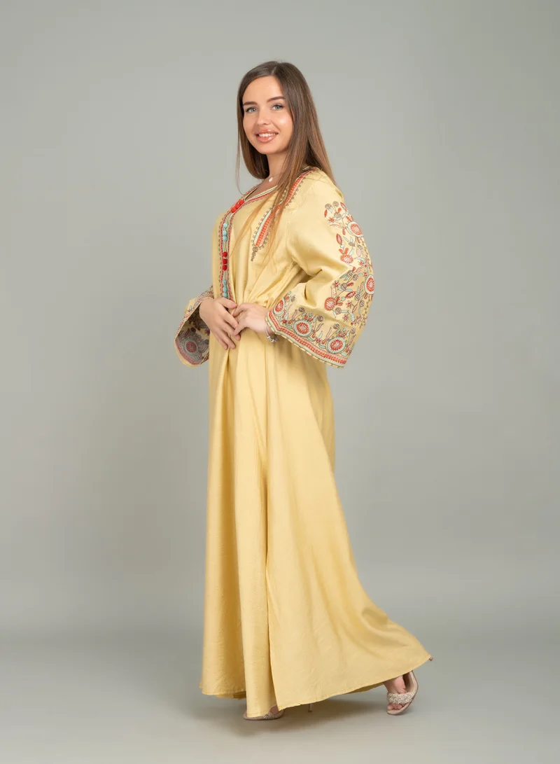 IKKXA Mandarin Collar Hand Embroidered Jalabiya CJ1035 Yellow