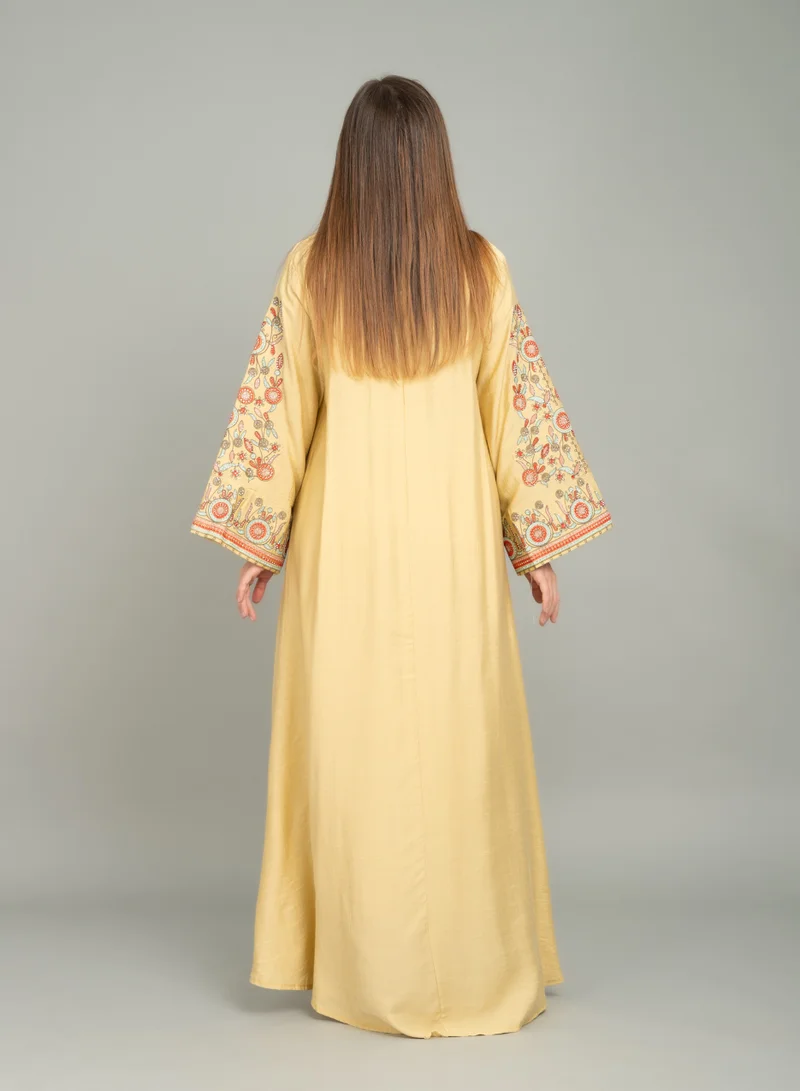 IKKXA Mandarin Collar Hand Embroidered Jalabiya CJ1035 Yellow
