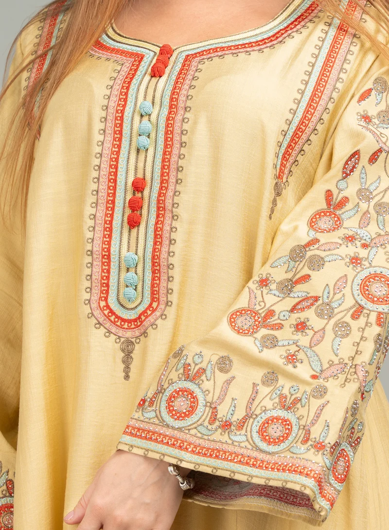 IKKXA Mandarin Collar Hand Embroidered Jalabiya CJ1035 Yellow