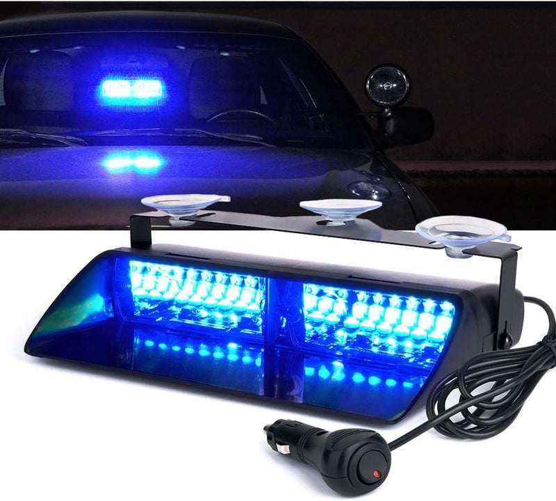 Blue LED Emergency Dash Strobe Light, Interior Windshield Safety Warning Police Lights w/Suction Cups, 12V Windshield Visor Light Bar for Police Law Enforcement Firefighter POV Vehicles Trucks