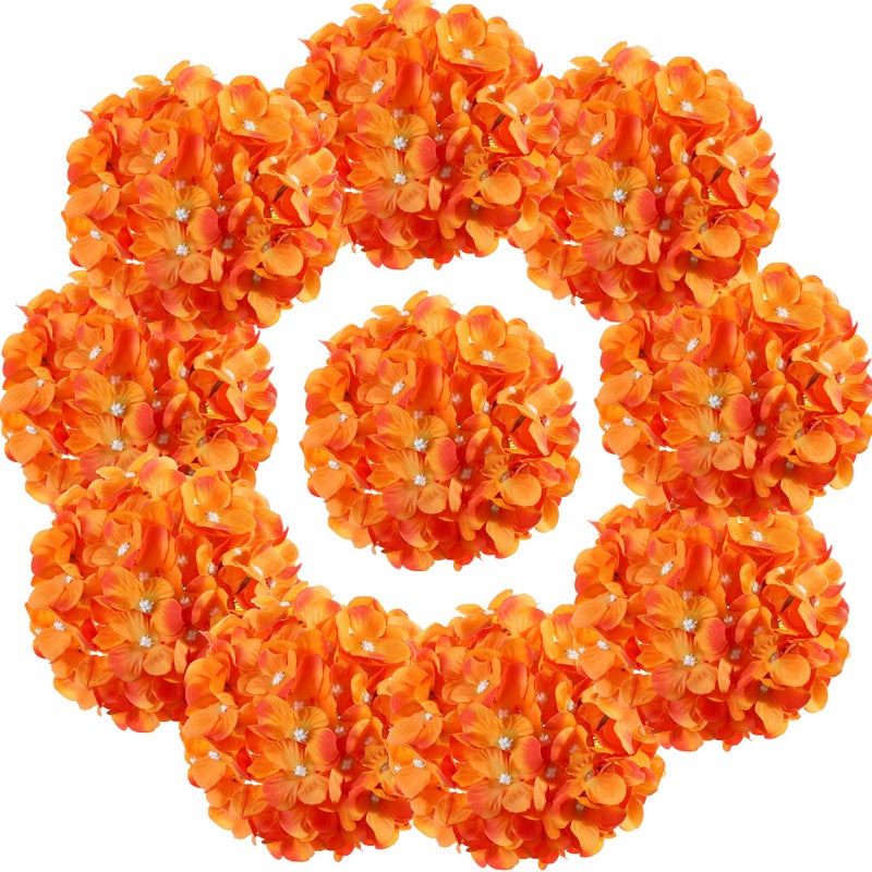 Lushidi Silk Hydrangea Heads With Stems Artificial Flowers Heads For Home Wedding Decor Pack Of 10 (Orange) - Image 1