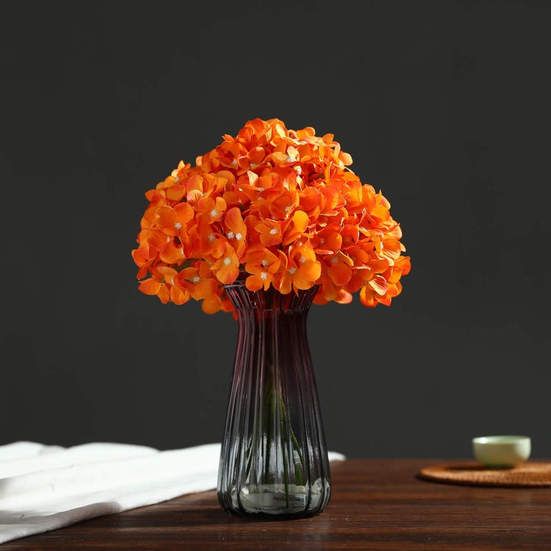 Lushidi Silk Hydrangea Heads With Stems Artificial Flowers Heads For Home Wedding Decor Pack Of 10 (Orange) - Image 2