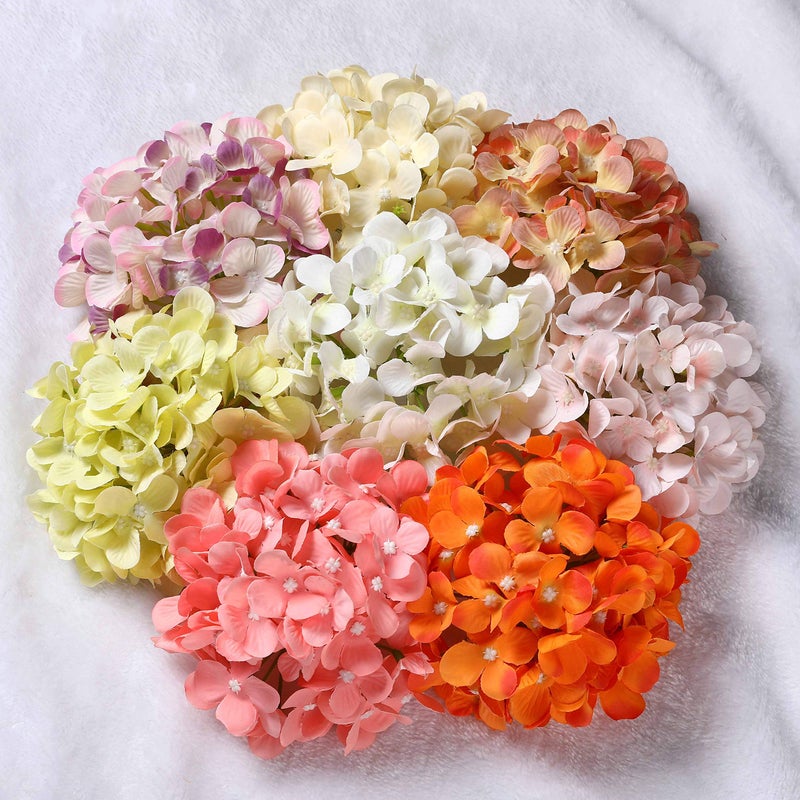 Lushidi Silk Hydrangea Heads With Stems Artificial Flowers Heads For Home Wedding Decor Pack Of 10 (Orange) - Image 4
