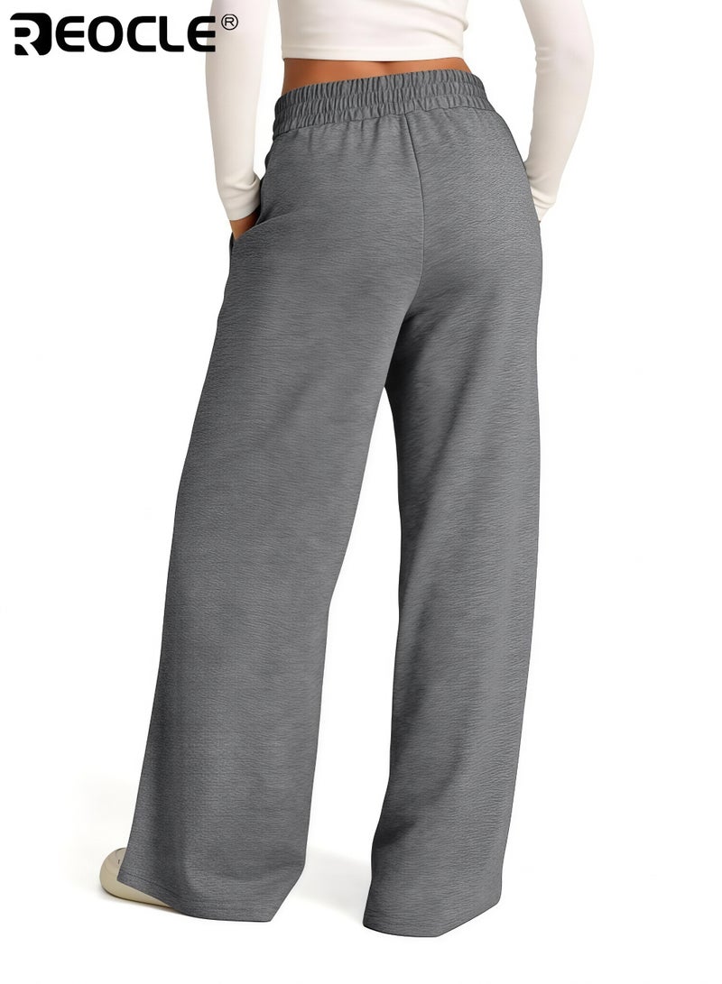 REOCLE Women's Wide Leg Sweatpants High Waisted Baggy Lounge Pants Drawstring Athletic Flared Joggers with Pockets for Yoga Gym Lounge Wear - Image 4