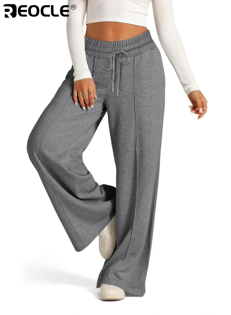 REOCLE Women's Wide Leg Sweatpants High Waisted Baggy Lounge Pants Drawstring Athletic Flared Joggers with Pockets for Yoga Gym Lounge Wear - Image 2
