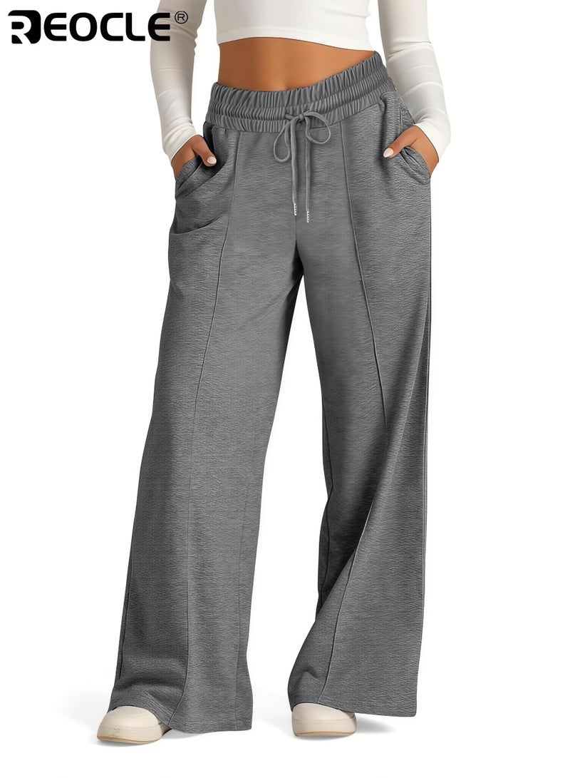 REOCLE Women's Wide Leg Sweatpants High Waisted Baggy Lounge Pants Drawstring Athletic Flared Joggers with Pockets for Yoga Gym Lounge Wear - Image 1