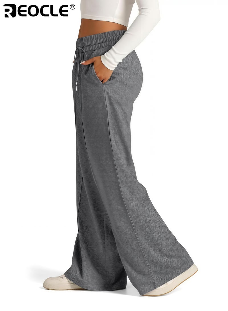 REOCLE Women's Wide Leg Sweatpants High Waisted Baggy Lounge Pants Drawstring Athletic Flared Joggers with Pockets for Yoga Gym Lounge Wear - Image 3