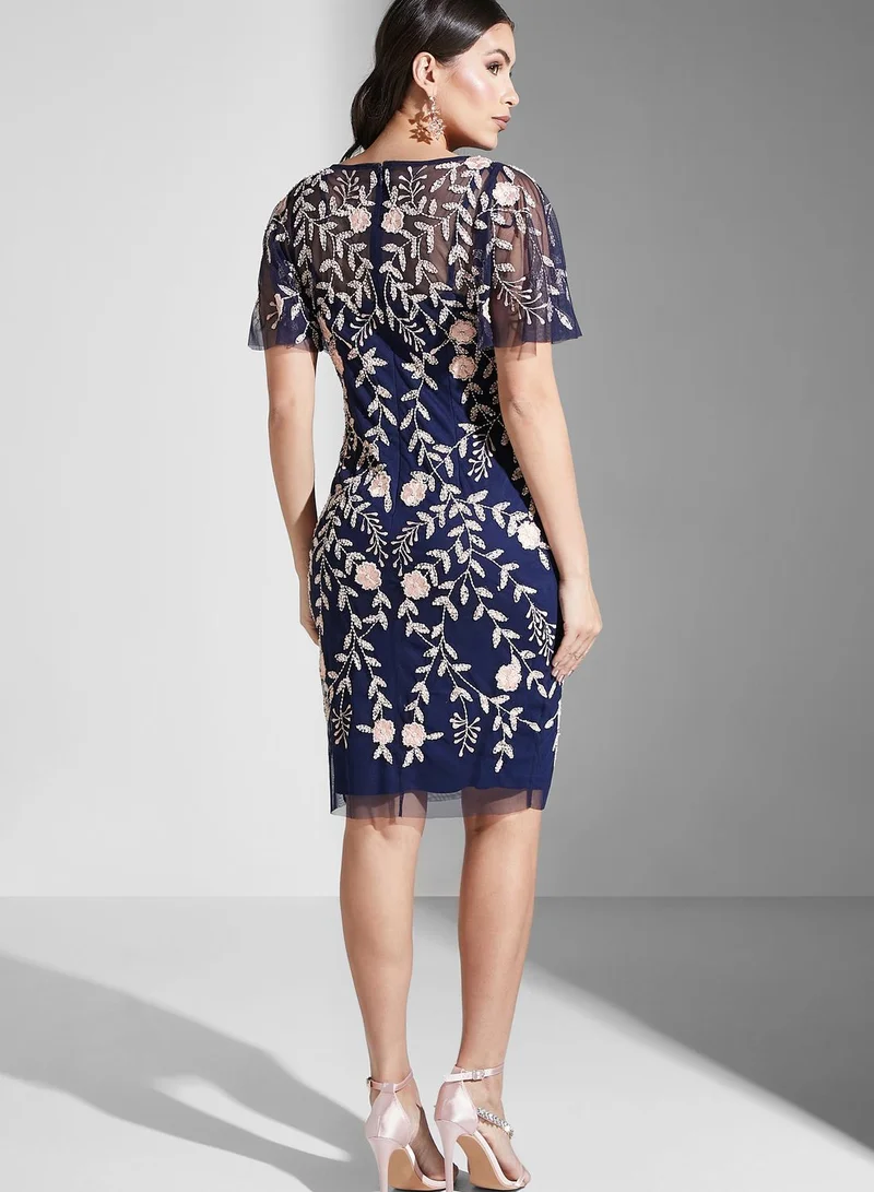Adrianna Papell Embroidered Mesh Detail Dress