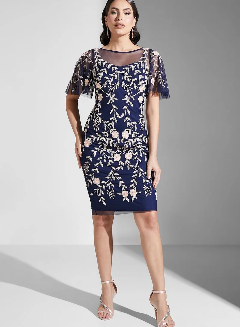 Adrianna Papell Embroidered Mesh Detail Dress