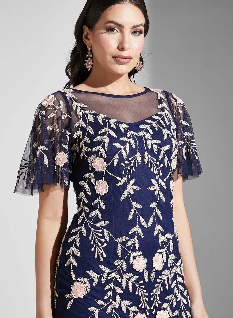 Adrianna Papell Embroidered Mesh Detail Dress
