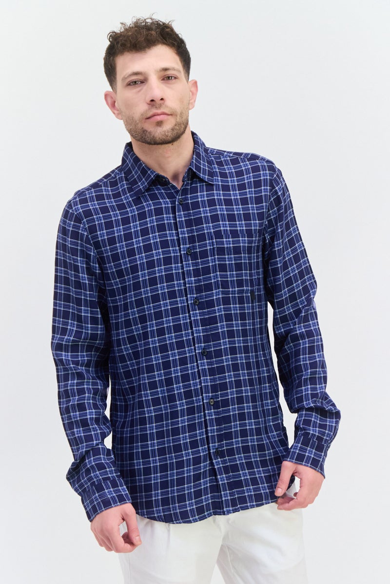Scotch & Soda Men Relaxed Fit Long Sleeves Checkered Casual Shirt, Navy Combo - Image 1