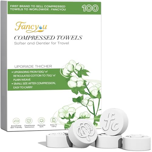 Fancyou Thickened Compressed Towel Tablets 100 Pcs, Ultra-Soft & Portable Disposable Facial Towels, Mini Coin Quick-Expand Washcloths for Daily Cleansing, Travel, Gym, Camping & Sensitive Skin Care - Image 1