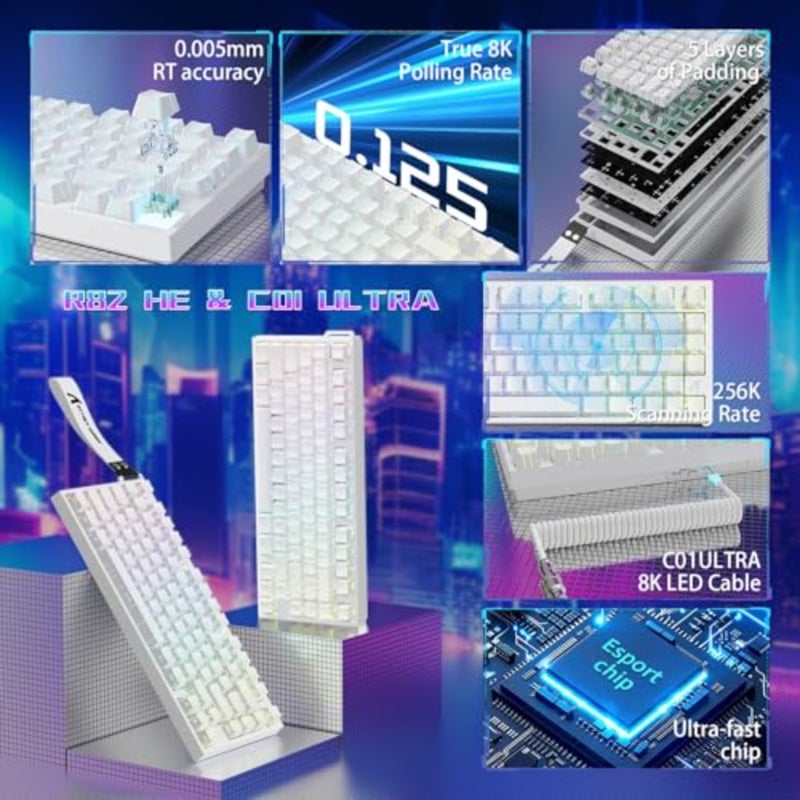 لوحة مفاتيح سلكية للألعاب R82 HE 75 للرياضات الإلكترونية، وأغطية مفاتيح PBT، ومخطط أبيض، ومفتاح مغناطيسي مع معدل اقتراع 8000 هرتز ودقة فائقة 0.01 مم RT - Image 3