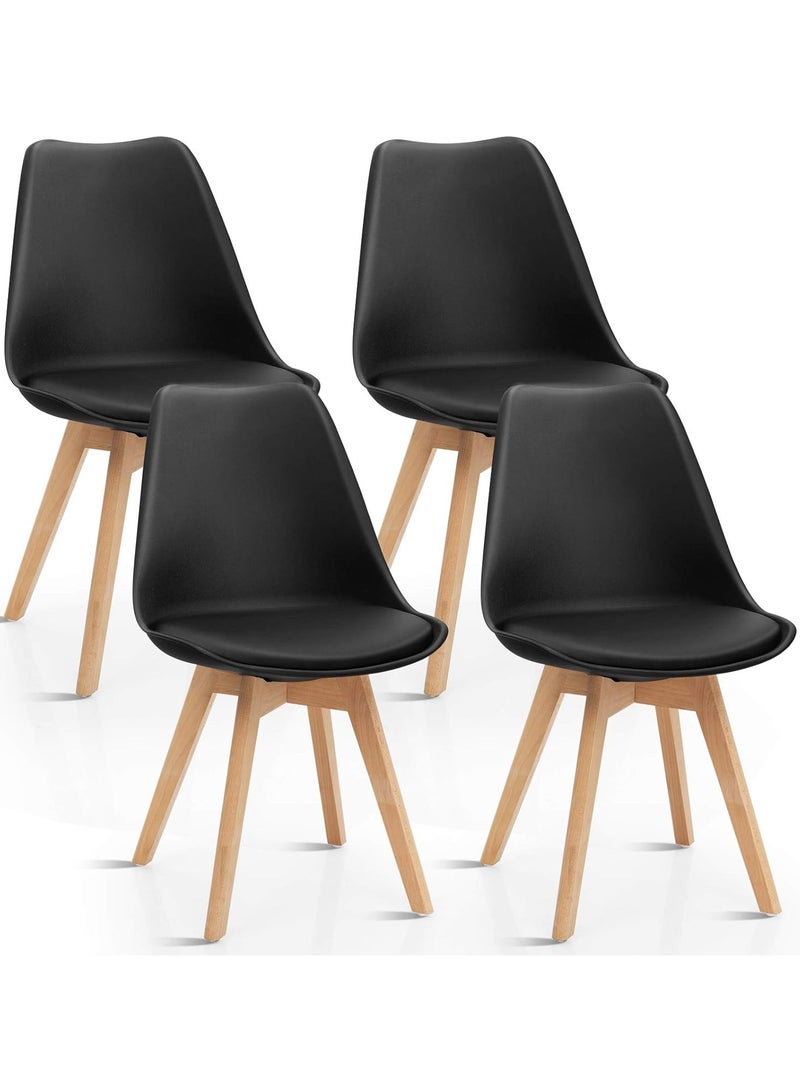 AL WADI FURNITURE Set of 4 Mid Century Modern Upholstered Dining Chairs - Beech Wood Legs, Soft Padded Shell, Tulip Design for Dining Room, Living Room, Bedroom, Kitchen - Black and Beech - Image 5