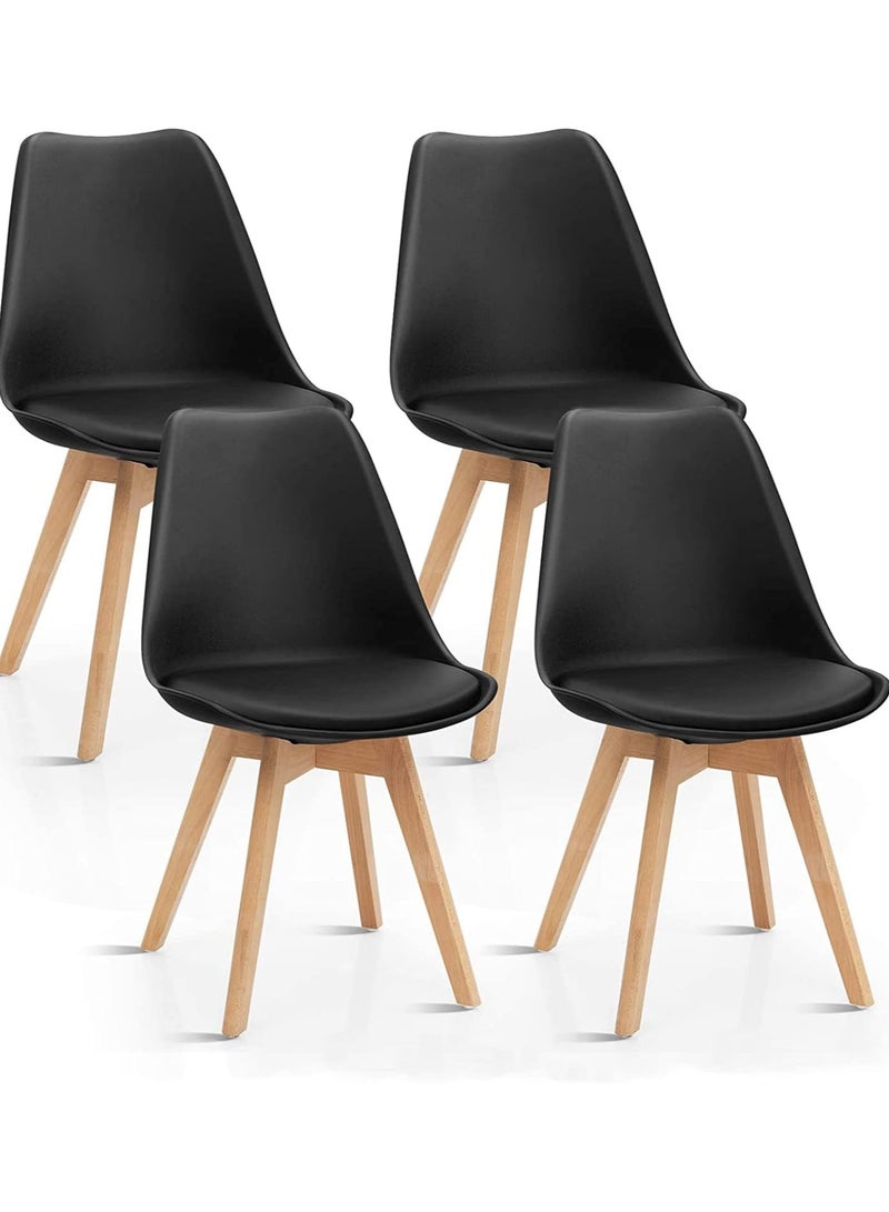 AL WADI FURNITURE Set of 4 Mid Century Modern Upholstered Dining Chairs - Beech Wood Legs, Soft Padded Shell, Tulip Design for Dining Room, Living Room, Bedroom, Kitchen - Black and Beech - Image 1
