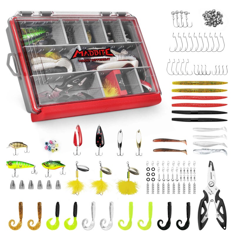 MadBite by KastKing 143pcs Freshwater Fishing Lure Kit, Includes Crankbaits, Poppers, Spinners, Hooks, Weights, and Other Fishing Accessories, Bass/Panfish Tackle Kit with 3600 Tackle Box and Pliers - Image 1
