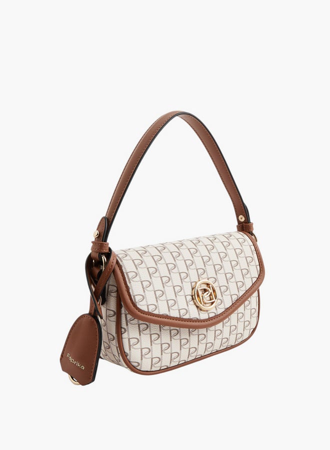 Paprika Monogram Print Crossbody Bag with Button Closure and Adjustable Strap  - Image 3