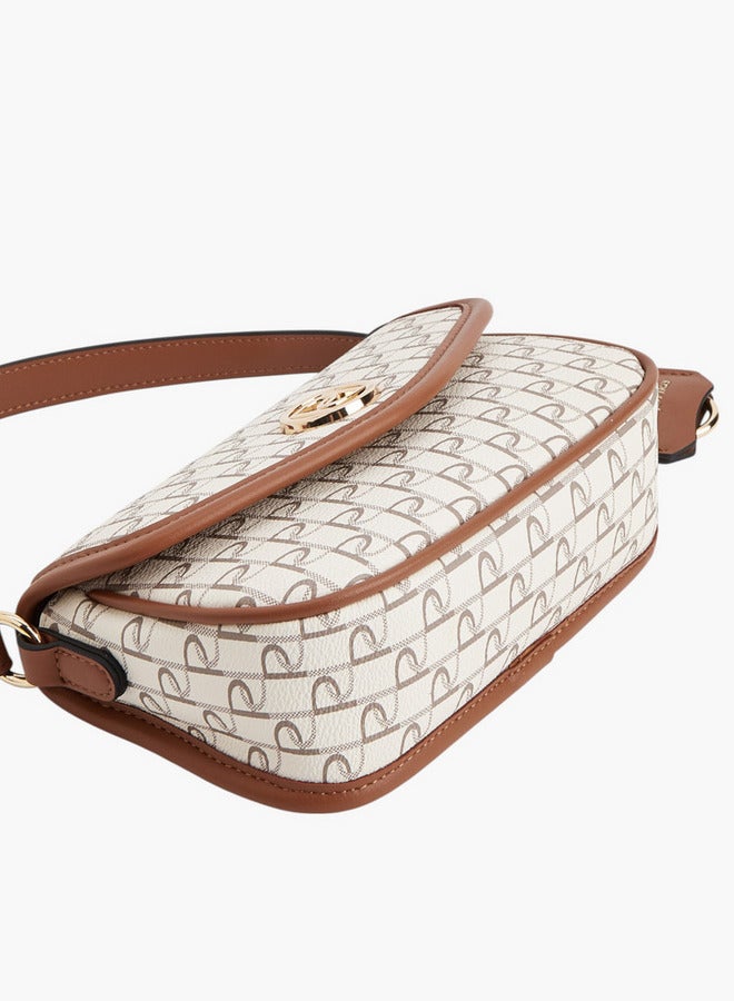 Paprika Monogram Print Crossbody Bag with Button Closure and Adjustable Strap  - Image 5