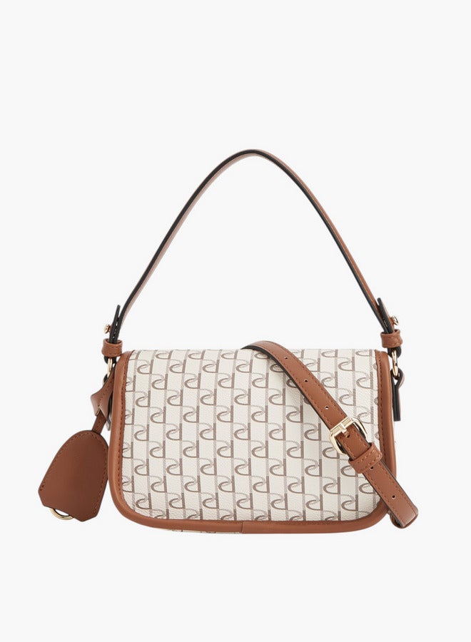 Paprika Monogram Print Crossbody Bag with Button Closure and Adjustable Strap  - Image 2