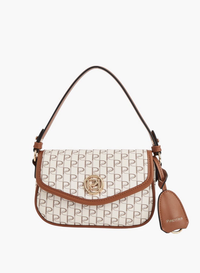 Paprika Monogram Print Crossbody Bag with Button Closure and Adjustable Strap  - Image 1