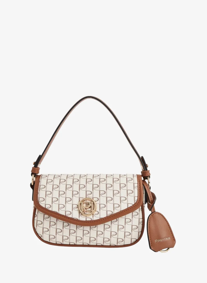 Paprika Monogram Print Crossbody Bag with Button Closure and Adjustable Strap