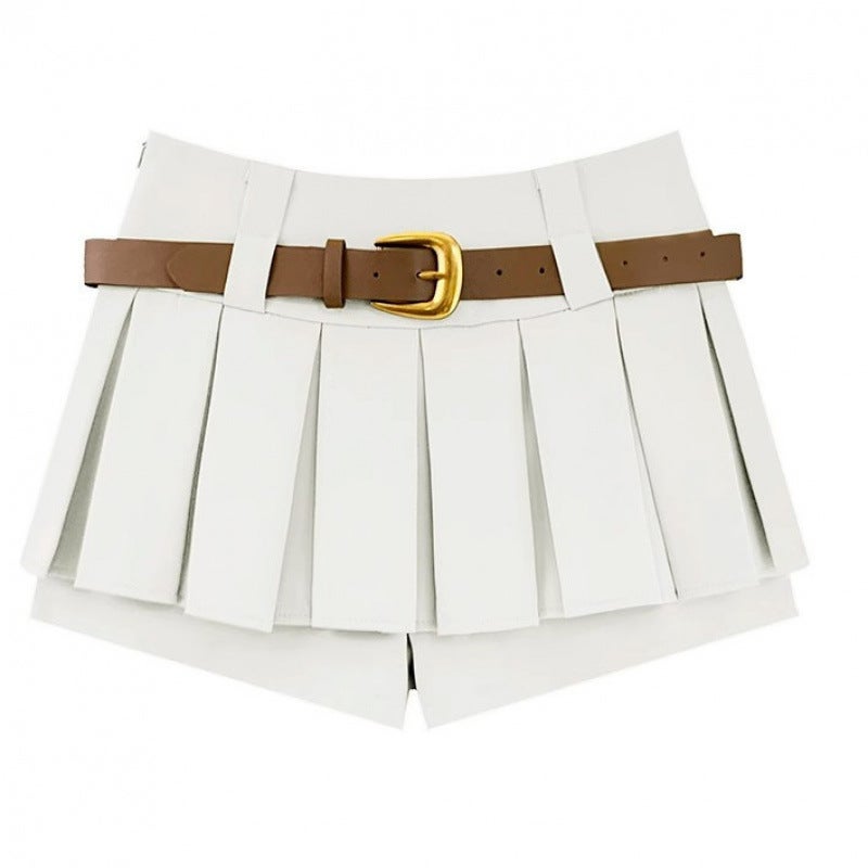 Hot Girl High-Waisted Anti-Exposure Skirt Womens Autumn and Winter Pleated Skirt Slimming Look Versatile A-Line Culottes Short Skirt White [random belt]