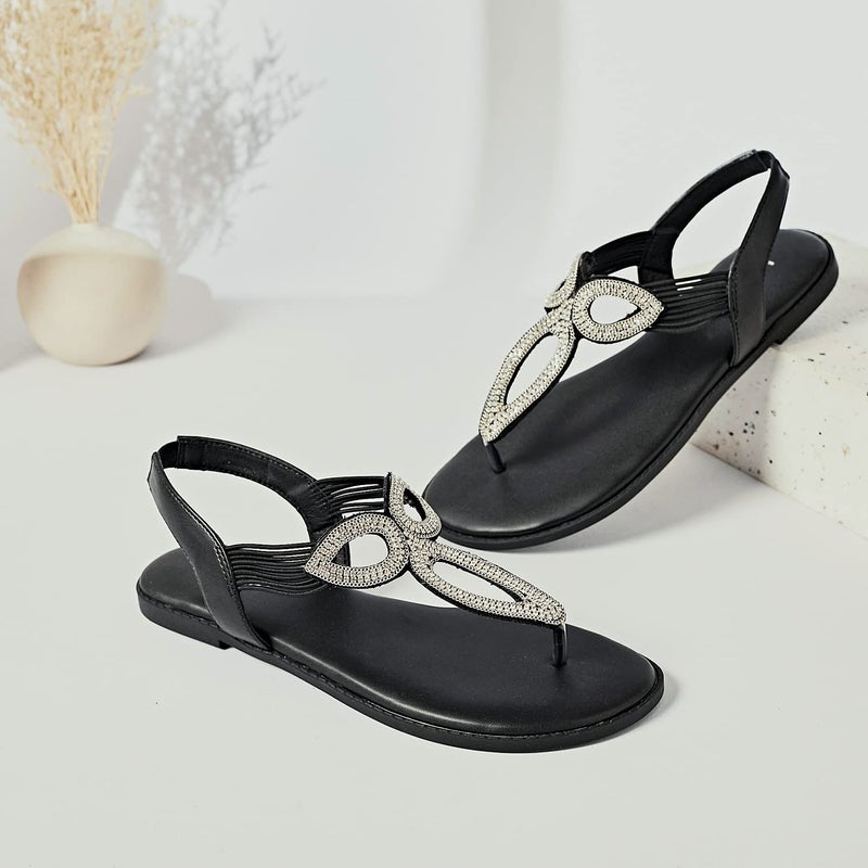 Luoika Women's Wide Width Flat Slides Sandals, Flip Flop Strappy Rhinestone Thong Sandals Comfortable Summer Beach Shoes for Women. 702,Black,8XW - Image 3