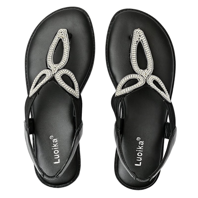 Luoika Women's Wide Width Flat Slides Sandals, Flip Flop Strappy Rhinestone Thong Sandals Comfortable Summer Beach Shoes for Women. 702,Black,8XW - Image 1