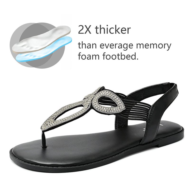 Luoika Women's Wide Width Flat Slides Sandals, Flip Flop Strappy Rhinestone Thong Sandals Comfortable Summer Beach Shoes for Women. 702,Black,8XW - Image 5