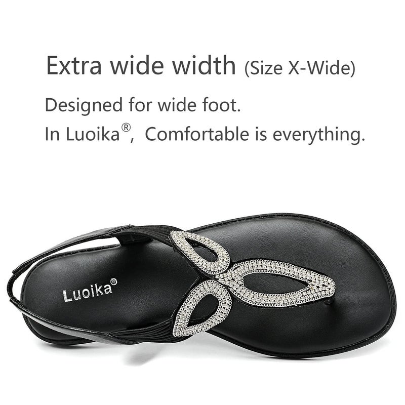 Luoika Women's Wide Width Flat Slides Sandals, Flip Flop Strappy Rhinestone Thong Sandals Comfortable Summer Beach Shoes for Women. 702,Black,8XW - Image 4
