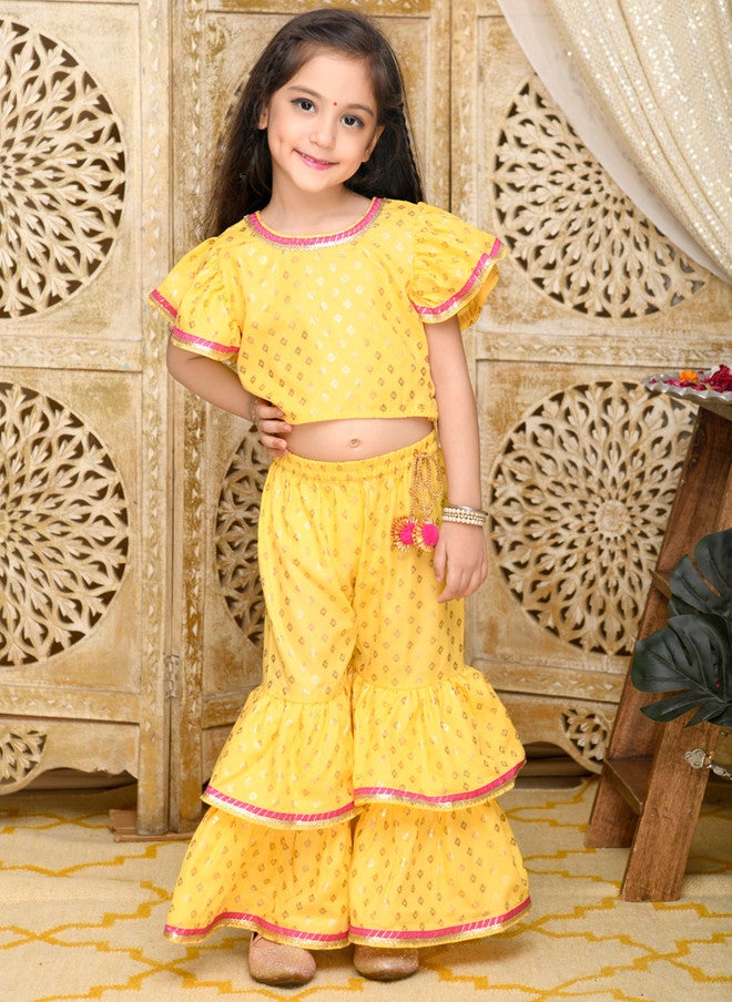 Saka Designs Girls Yellow Ethnic Motifs Printed Kurti with Sharara - Image 1