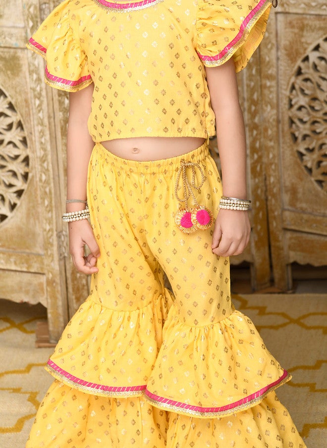 Saka Designs Girls Yellow Ethnic Motifs Printed Kurti with Sharara - Image 2
