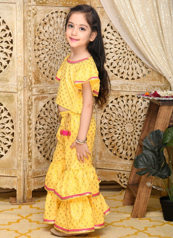Saka Designs Girls Yellow Ethnic Motifs Printed Kurti with Sharara - Image 4