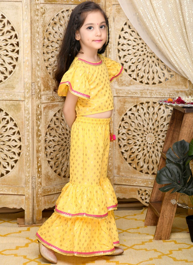 Saka Designs Girls Yellow Ethnic Motifs Printed Kurti with Sharara - Image 3