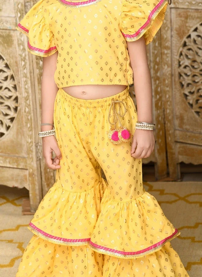 Saka Designs Girls Yellow Ethnic Motifs Printed Kurti with Sharara
