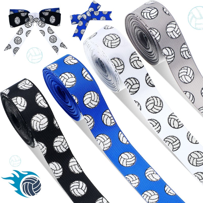 MTLEE 4 Rolls Volleyball Ribbons Volleyball Decorations Glitter Grosgrain Ribbons 20 Yards 78inch for Cheer Gift Wrapping Making Hair Bows Sports Theme Party DecorBlack White Blue Gray