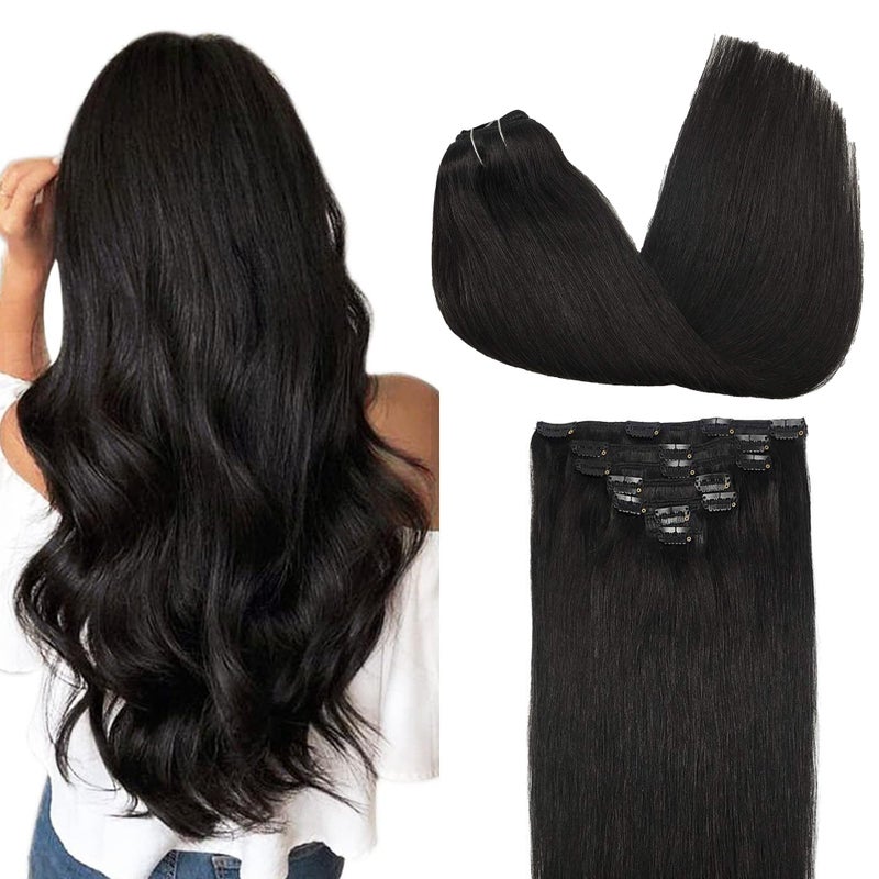 GOO GOO Clip in Hair Extensions Real Human Hair Remy Human Hair Extensions Clip ins for Women Natural Human Hair 24inch 120g 7Pcs 1B Natural black
