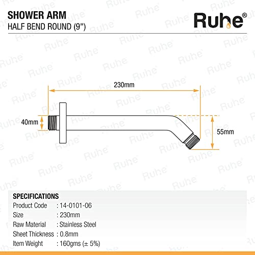 Ruhe® 9 Inches Round Shower Arm | Premium Grade Stainless Steel Shower Holder | Round Half Bend - Image 2