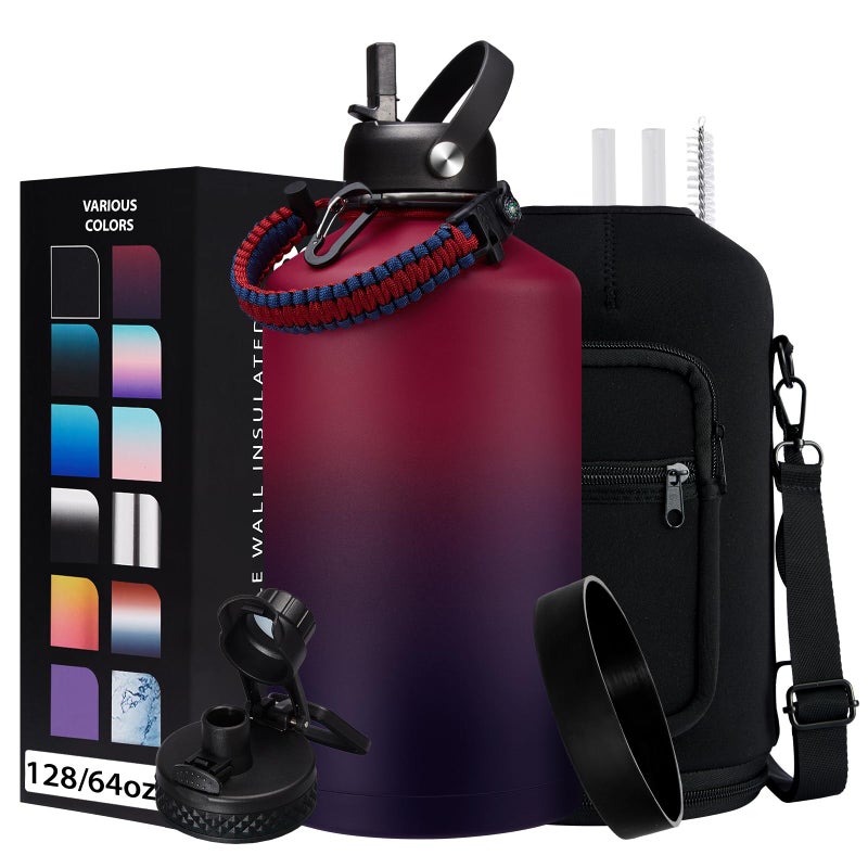 1 Gallon Insulated Water Jug with Paracord Handle Straw Chug Lid Water Bottles Holder with Strap 128oz Stainless Steel Large Water Bottle Keep Hot 12H Cold 48 for Travel Hiking Camping Work