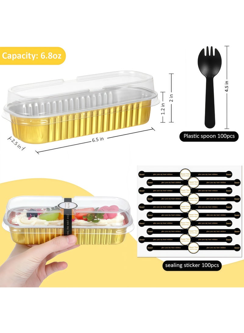 100 Pack Mini Loaf Pans with Lids and Spoons Sealing Sticker, 6.8oz Mini Cake Pans for Baking, Disposable Aluminum Foil Loaf Pans, Loaf Baking Pans, Small Cake Containers With Lids - Image 2