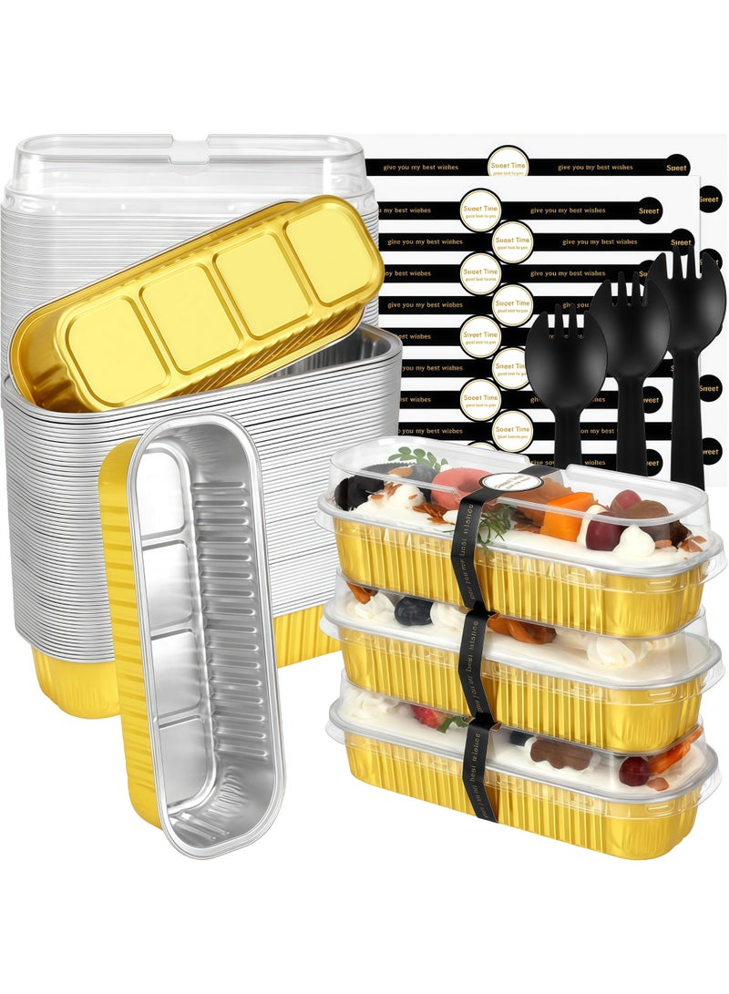 100 Pack Mini Loaf Pans with Lids and Spoons Sealing Sticker, 6.8oz Mini Cake Pans for Baking, Disposable Aluminum Foil Loaf Pans, Loaf Baking Pans, Small Cake Containers With Lids - Image 1