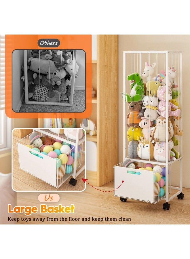 Bukfen Metal Stuffed Animal Storage Zoo Extra Large Stuffed Animal Holder Space Save Toy Organizer PVC with Basket and Wheels for Nursery Playroom Bedroom,D15.75 x W12.68 x H51.18 inch,White - Image 5