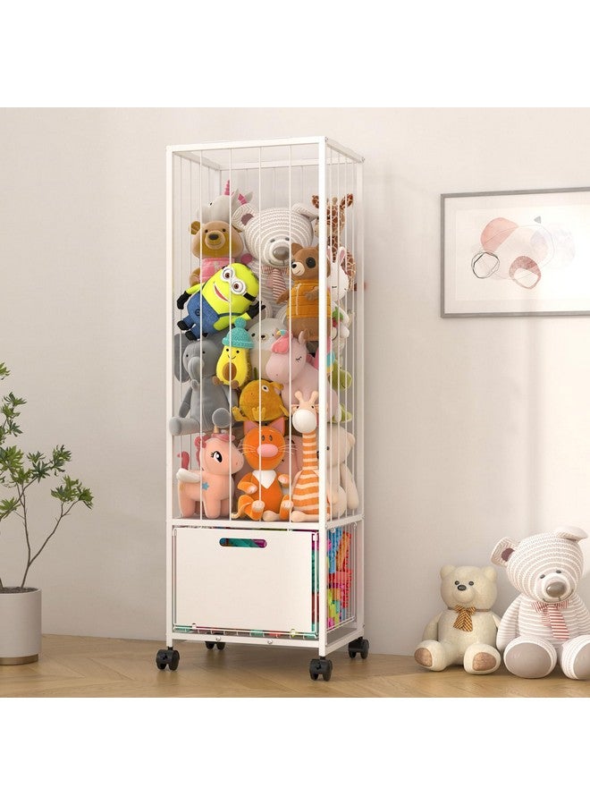 Bukfen Metal Stuffed Animal Storage Zoo Extra Large Stuffed Animal Holder Space Save Toy Organizer PVC with Basket and Wheels for Nursery Playroom Bedroom,D15.75 x W12.68 x H51.18 inch,White - Image 1