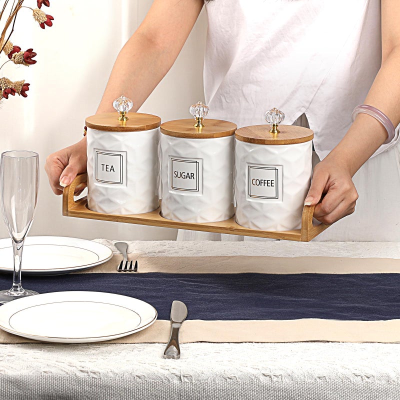 JUXYES Set of 3 Ceramic Canisters Set for Sugar Coffee Tea With Handle Tray, Luxurious Storage Containers Sets with Lids Decorative Storage Pots White Ceramic Storage Jar for Kitchen Dining Counter - Image 4
